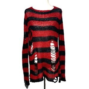 Punk Rave Goth Grunge Shredded Open Knit Sweater Top Black Red Stripe Distressed